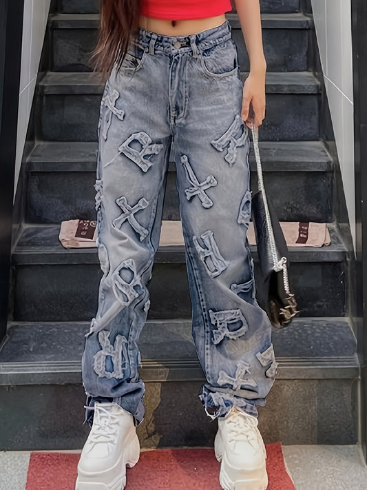 Emmiol Letter Patch Faded Boyfriend Jeans