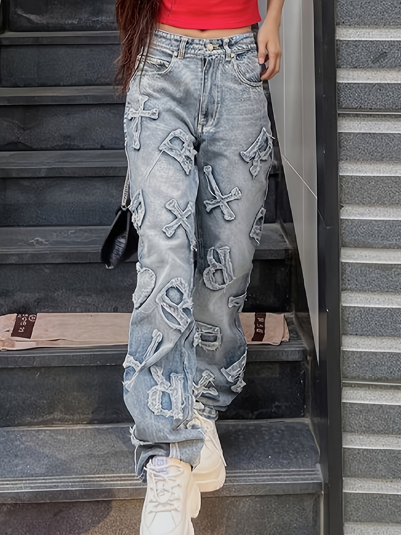 Emmiol Letter Patch Faded Boyfriend Jeans