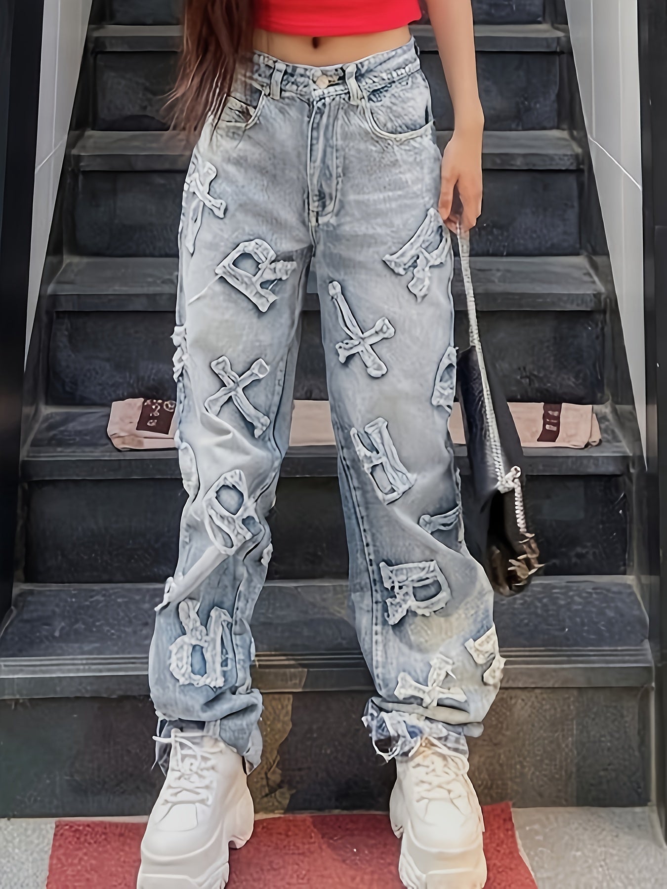 Emmiol Letter Patch Faded Boyfriend Jeans