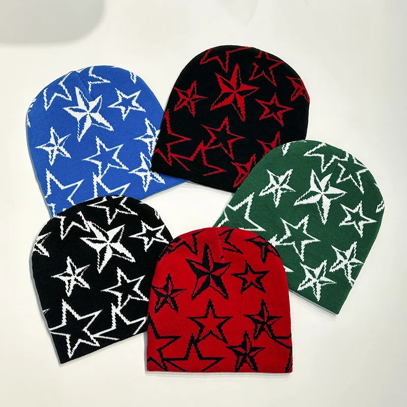 Autumn and Winter Star Pentagram Knitted Hat Vintage Men's and Women's Woolen Hip Hop Print Beanie Hat Outdoor Sports Warm Cap