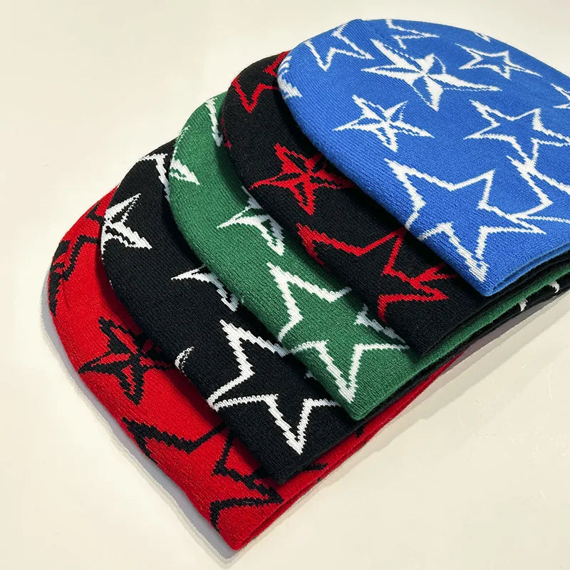 Autumn and Winter Star Pentagram Knitted Hat Vintage Men's and Women's Woolen Hip Hop Print Beanie Hat Outdoor Sports Warm Cap