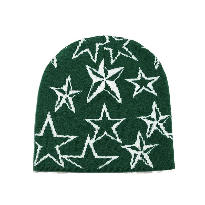 Autumn and Winter Star Pentagram Knitted Hat Vintage Men's and Women's Woolen Hip Hop Print Beanie Hat Outdoor Sports Warm Cap