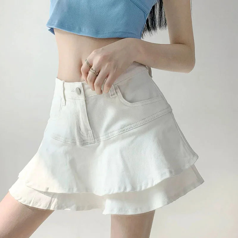 DEEPTOWN Vintage Denim Skirt Shorts Women Summer Korean Fashion High Waist A-line Slim Cute Sexy Mini Jean Ruffle Skirt Female