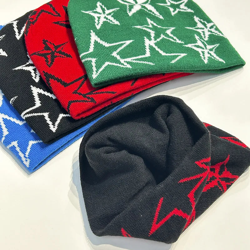 Autumn and Winter Star Pentagram Knitted Hat Vintage Men's and Women's Woolen Hip Hop Print Beanie Hat Outdoor Sports Warm Cap