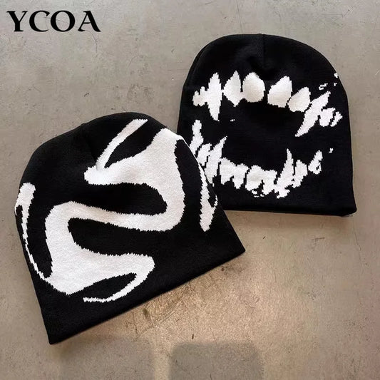 Women Hat Knitting Beanies Goth Tooth Caps Men Y2k Streetwear Winter Fashion Pullover Kpop Harajuku Vintage Warm Hip Hop Unisex